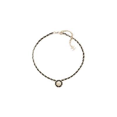 CHANEL NECKLACE METAL, LAMBSKIN, RESIN & DIAMANTÉ GOLD, BLACK, PEARLY WHITE & CRYSTAL ABG560